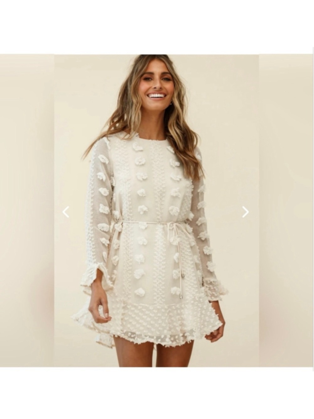Saints & Secrets Beige Long Sleeve Dress with Pom Poms Size M - Picture 3 of 13
